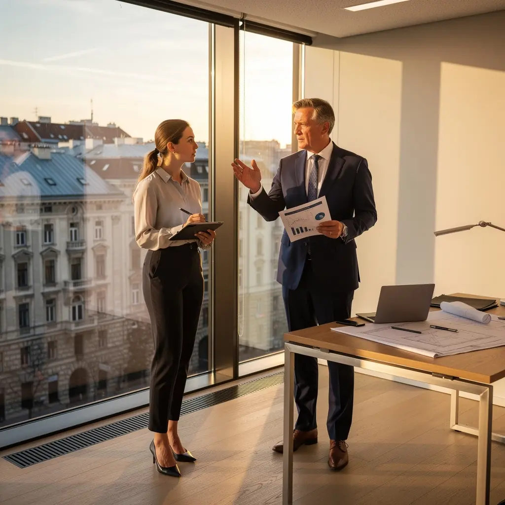 Moderne Bürogebäude in einer belebten Innenstadt von Wien.